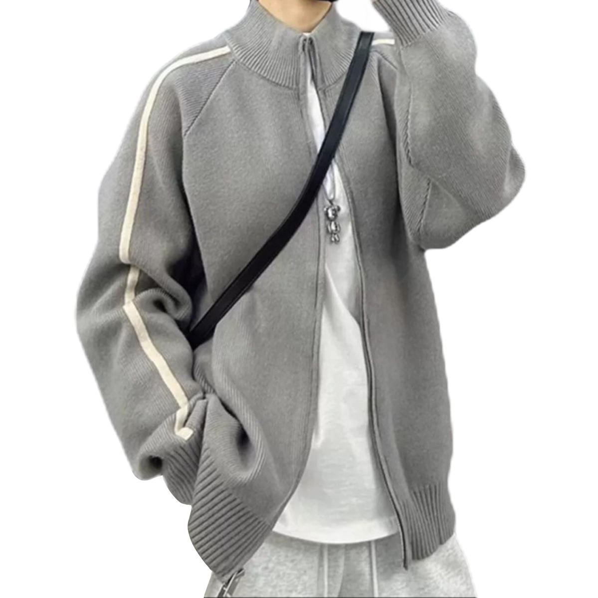 Explosiones transfronterizas de tamaño grande europeo a rayas cardigan suéter de punto chaqueta de hombre chaqueta de doble cremallera fábrica de marea al por mayor