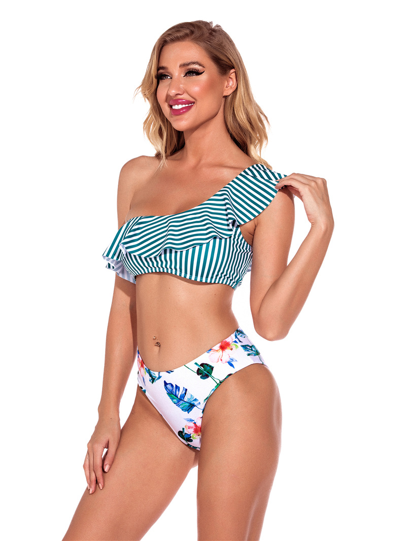 new split high waist sexy printed striped one-shoulder bikini swimsuit NSHL27981