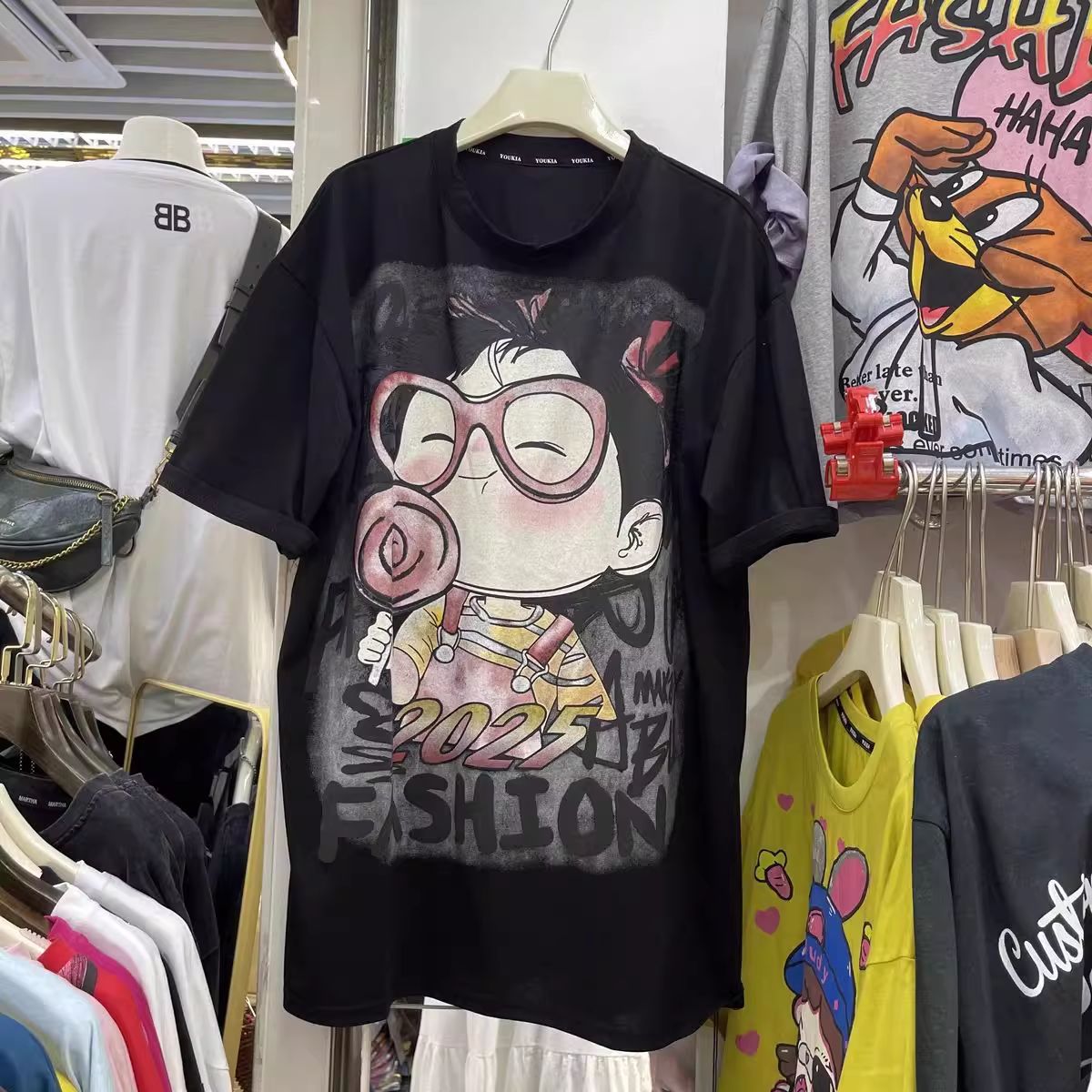 Camiseta de manga corta con cuello redondo y estampado de dibujos animados de algodón europeo, pareja de hombres y mujeres de viaje suelto, top de barriga de estilo caliente de verano