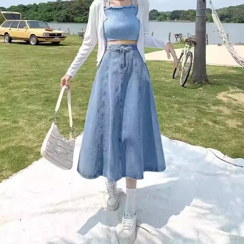 Factory direct sales: high-waisted denim A-line midi skirt for women, flattering and slimming, available at wholesale prices Factory direct sales: high-waisted denim A-line midi skirt for women, flattering and slimming, available at wholesale prices
