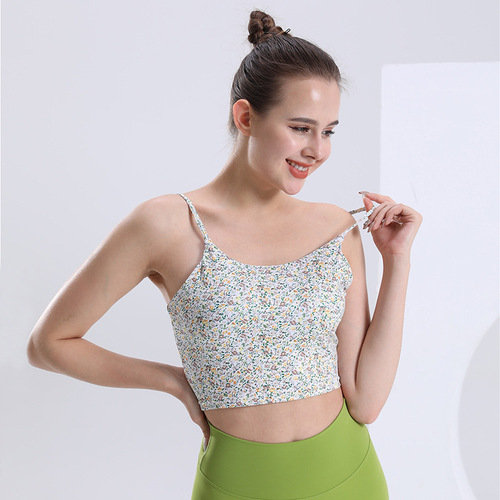 Yoga top with print, narrow shoulder straps, beauty back one-piece sports bra for women, running fitness exercise, with cushioned cups