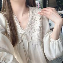 初秋新款超仙少女感小众系带衬衫长袖领蕾丝雪纺法式灯笼袖上衣