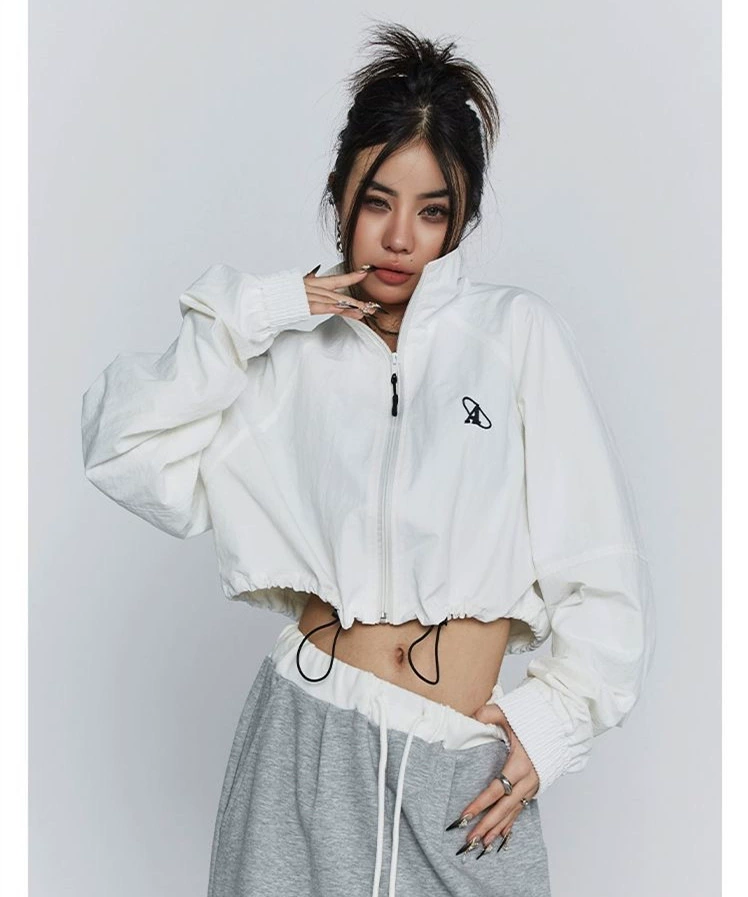 Sports jacket women, long-sleeve American style, embroidered, loose fit cropped with drawstring