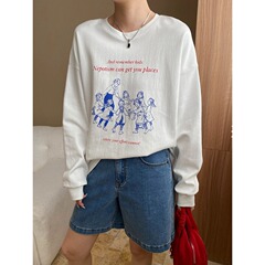司南博主雰囲気感アメリカレトロアルファベットプリント丸首カジュアルゆったり長袖tシャツSN7360