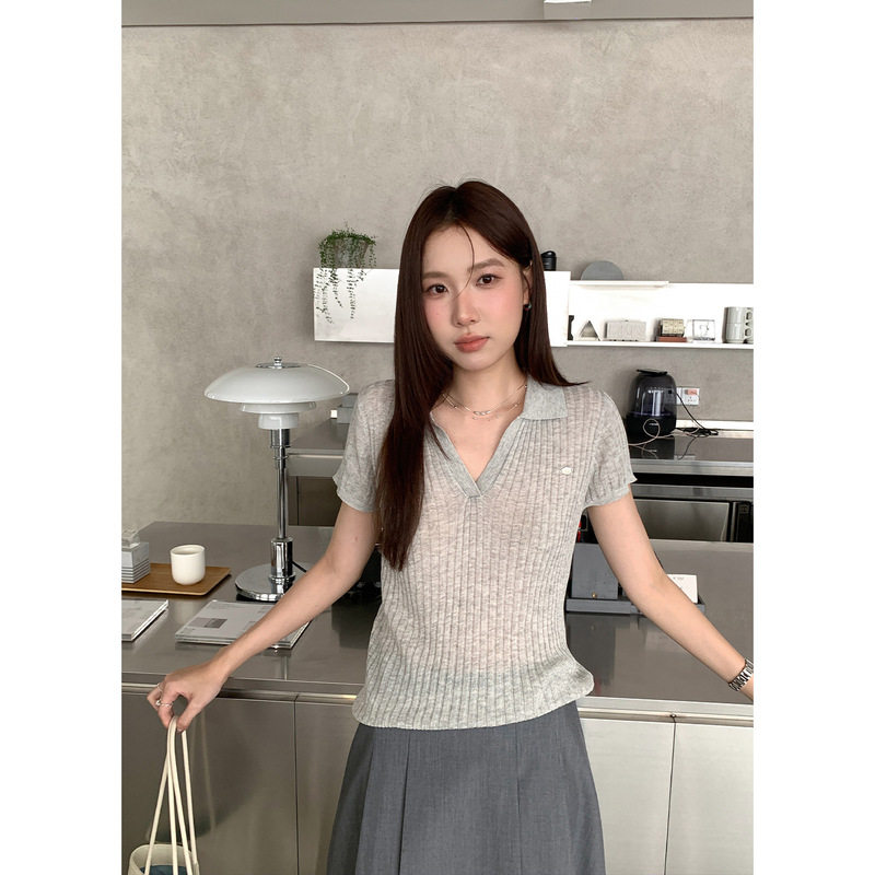 Jiuer Oxygen-Feel Tencel Blend Small Lapel Lightweight Embroidered Ribbed Short Sleeve T-Shirt Women's Top Ye0119