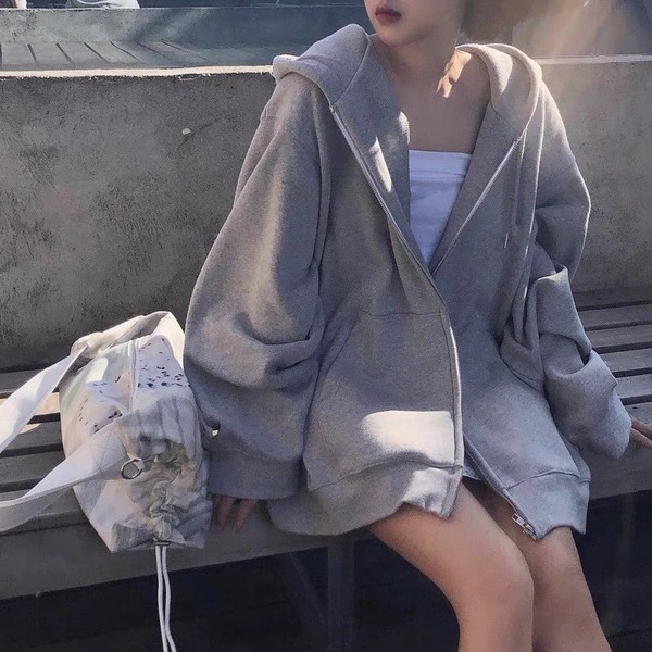 Grey Hooded Sweater Women's New Loose fleece-lined Casual Sports Jacket Spring and Autumn Long Sleeve Zipper Cardigan Top