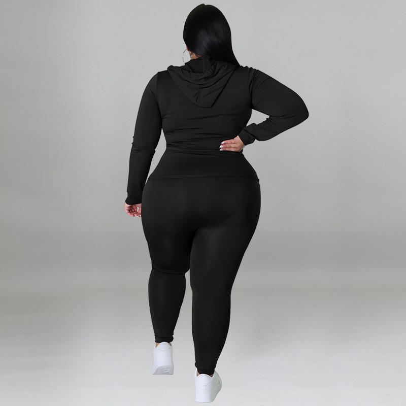 Plus Size Women's Clothing Solid Color Hooded Long Sleeve Fashion Casual Set Autumn Wear_ecoleips.com