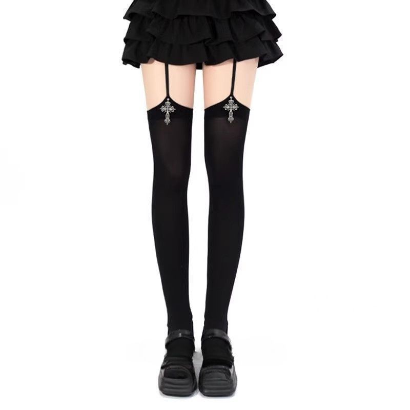 オリジナル立体クロスサスペンダーオールインワンオーバーニーソックスロリータベルベット白黒無地ガールストッキング