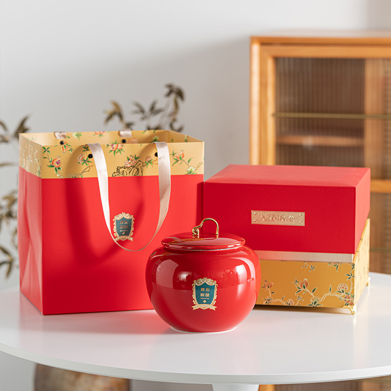 High-end Pu-erh Black Tea and White Tea Silver Needle with Simple Design, Large Ceramic Can Packaging for Spring Festival, 1 pound, Empty Gift Box