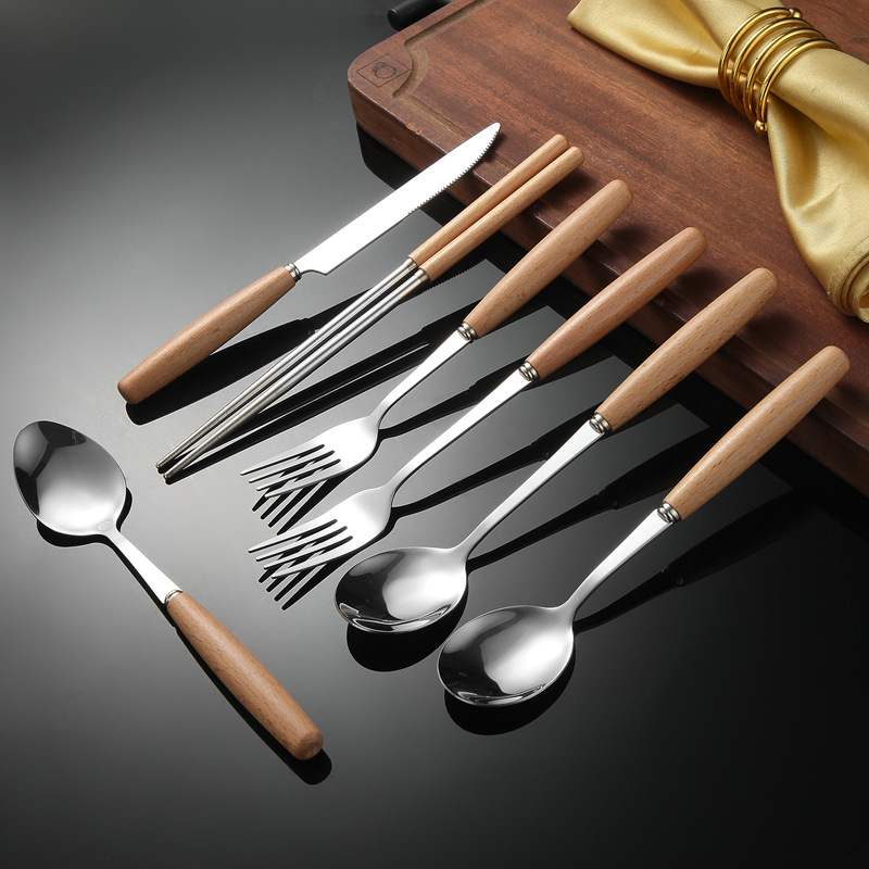 Madera de haya, alas de pollo, mango de madera, cuchillo y tenedor de acero inoxidable doméstico, cubiertos, cuchillo y tenedor de carne brillante, cuchara de carne occidental