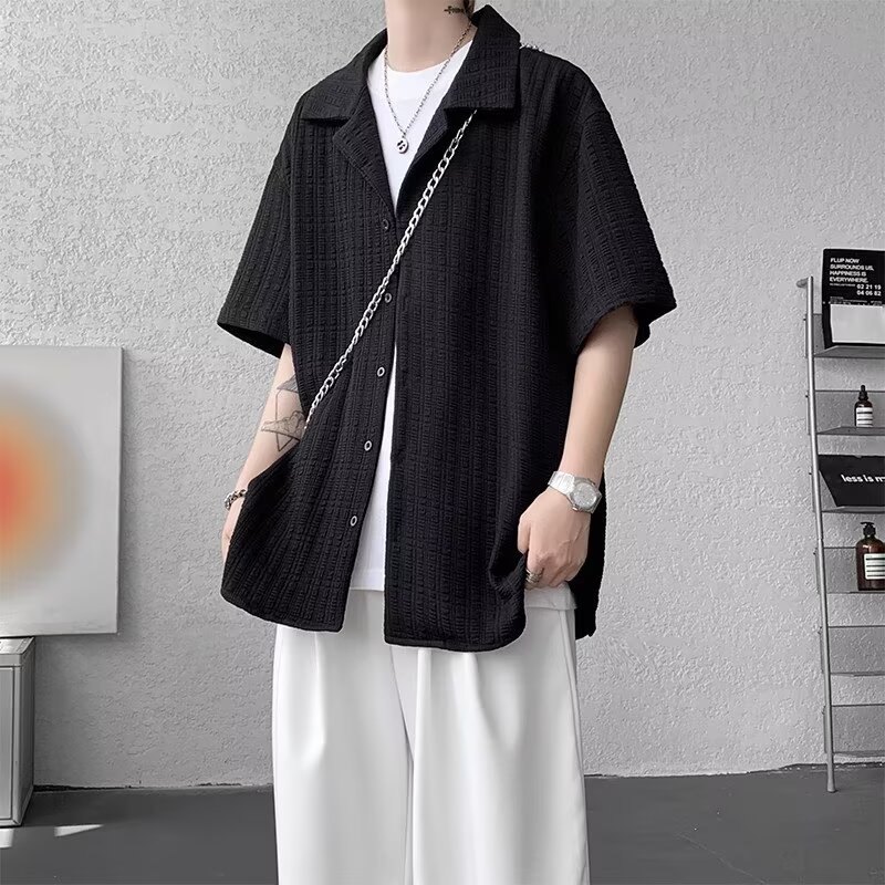 Summer Jacquard Ice Silk Heavyweight Cuban Collar Short Sleeve Shirt Men's Fashionable Versatile Clothing_viptrois.com