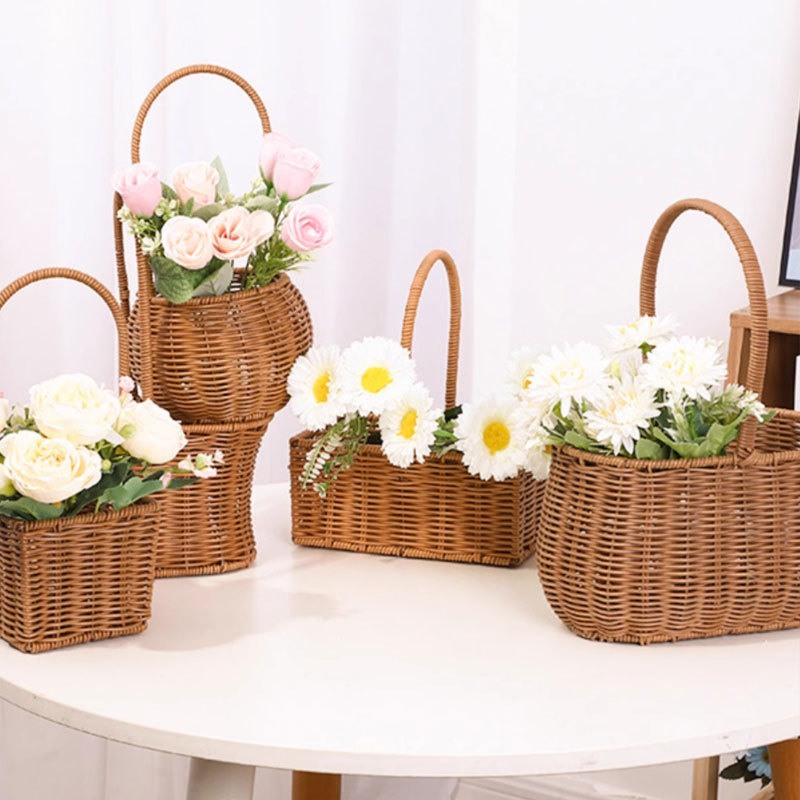 Cestas de flores de caña tejidas a mano canasta de mano pastoral creativa Qixi Festival de caña floral decorativa canasta huevo