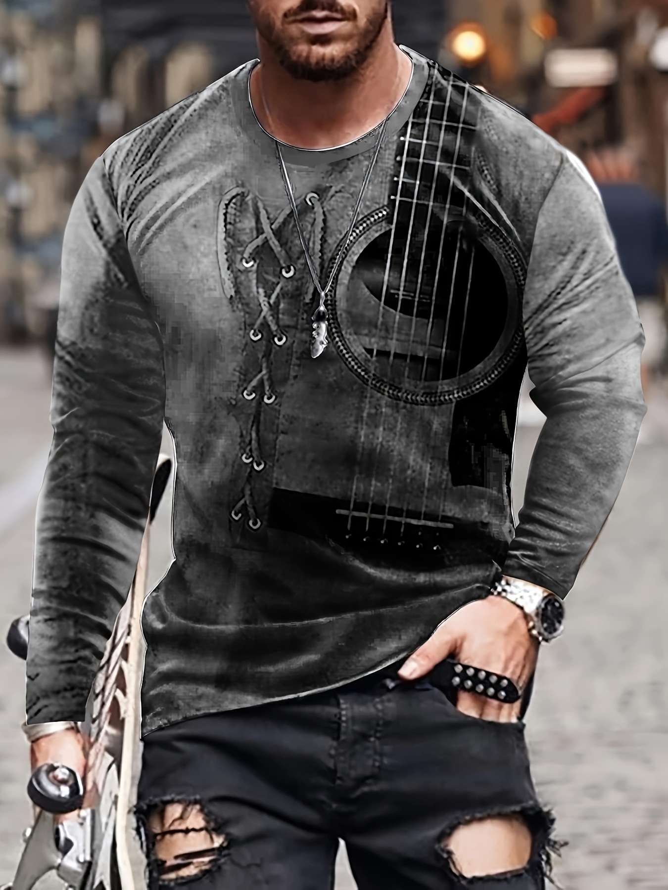 2022 retro hombres 3D digital placket abierto de siete botones Camiseta de manga larga de los hombres de guitarra patrón transfronterizo estación independiente