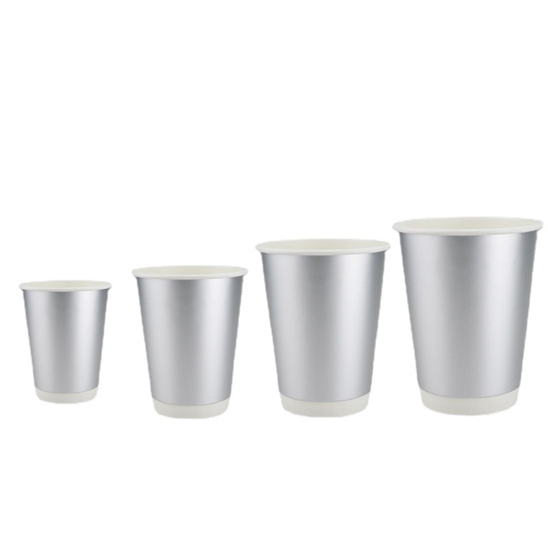 Taza de papel personalizado logotipo desechable de doble capa leche té café taza hueca con tapa ropa de abrigo comercial taza de cartón de plata