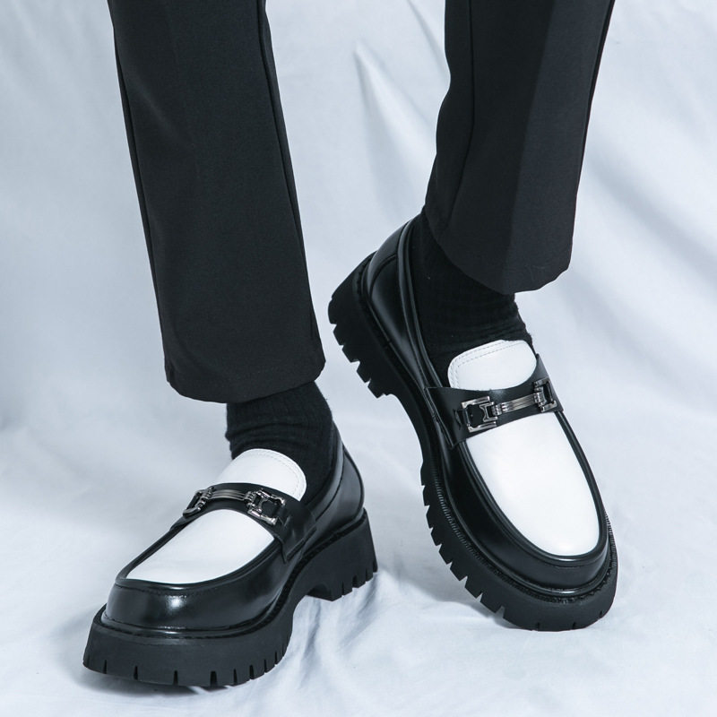 Giày lười nam da PU đế dày kiểu Anh, giày moccasin trơn đầu tròn — A0137 bề mặt đen bóng, A0137 màu đen, A0137 trắng đen