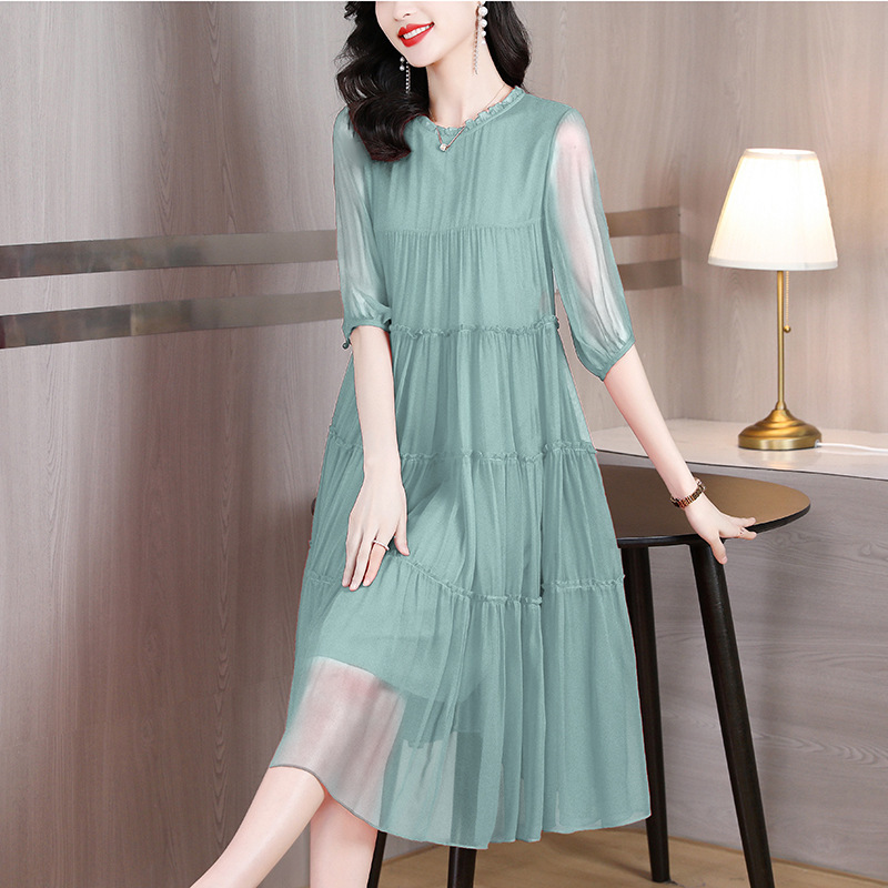 Heavy Weight Silk Short-Sleeved Dress Women's Brand Women's Pure Color Mulberry Silk Loose Large Size Versatile Elegant A-Line Skirt