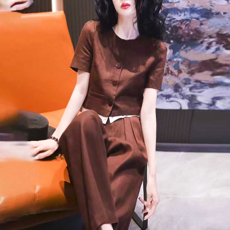 Shenzhen Nanyou Spring and Summer Coffee-Colored Short-Sleeve T-Shirt and Wide-Leg Pants Two-Piece Set Summer Petite Sports Suit for Women