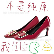 高版本rv奢品纯原细高跟浅口女单鞋红色婚鞋方扣时装鞋方头经典款