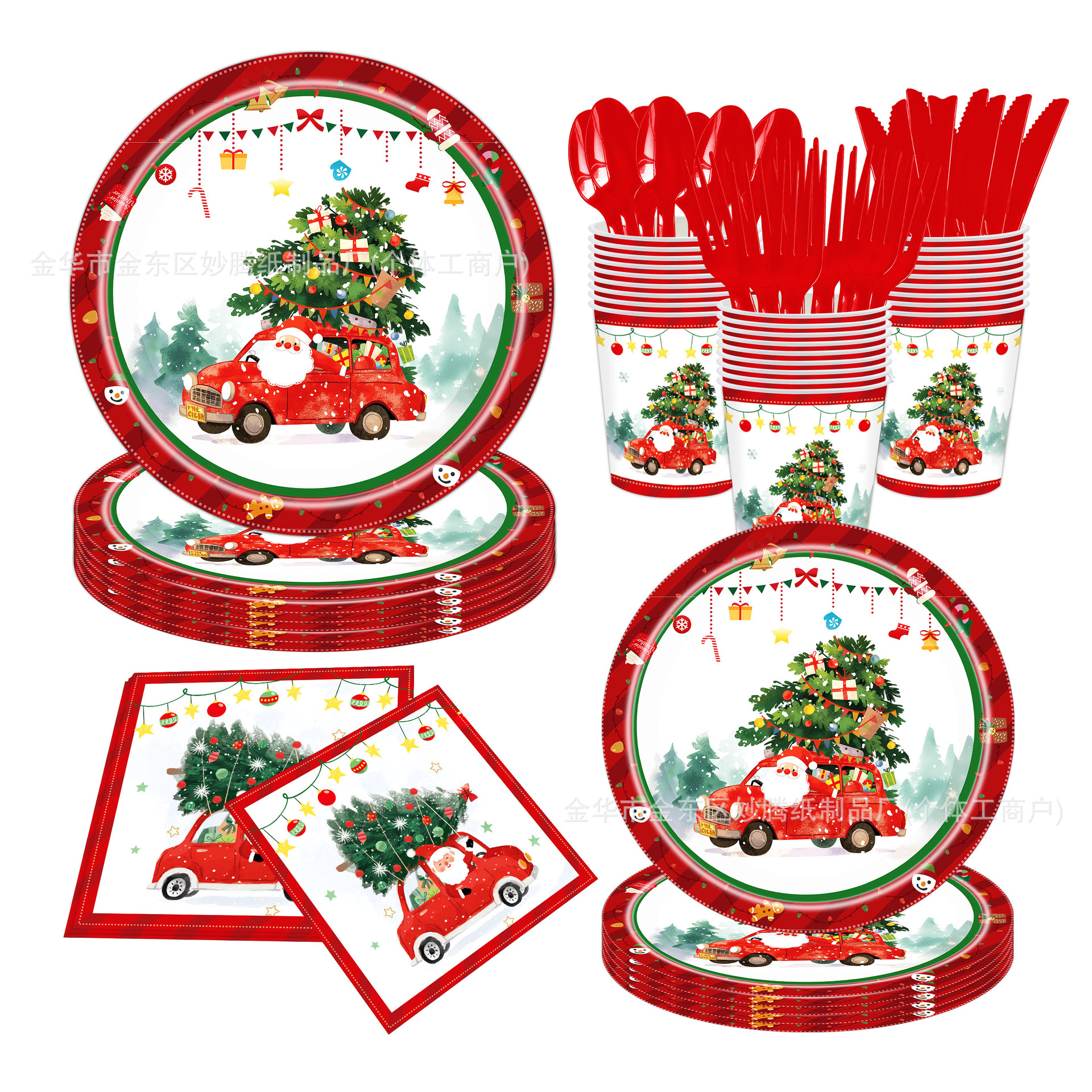 Nuevo conjunto de platos desechables de Navidad, platos desechables de papel, tazas de papel, toallas de papel, props de fiesta familiar