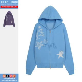 美式星星火柴人趣味提花连帽针织开衫毛衣女秋冬休闲外套厂家直发