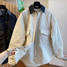 欧货设计感小众宽松衬衫式棉服女秋冬中长款遮屁股轻薄款棉衣外套