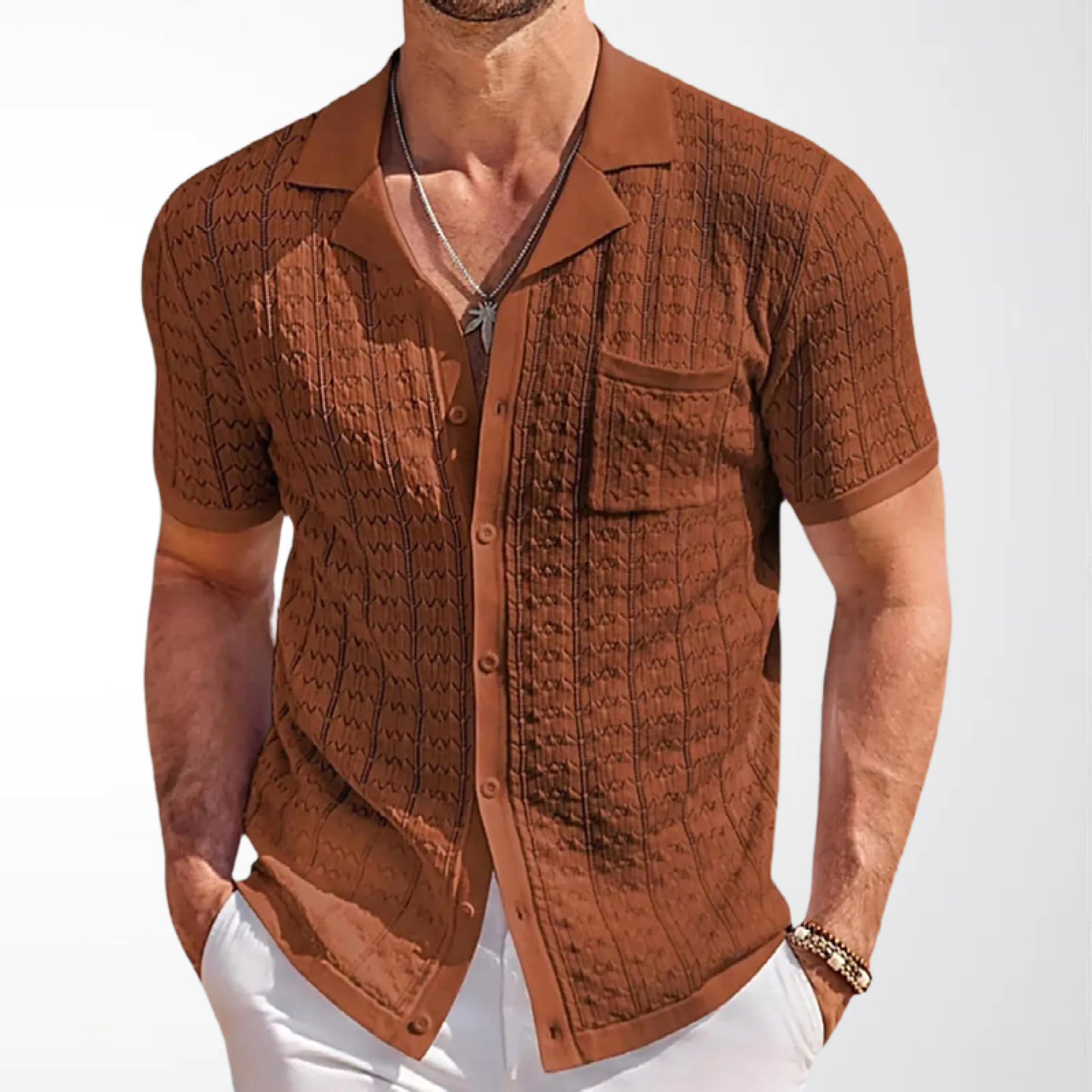 Cross-Border Foreign Trade Men's Clothing Summer New Style Cuban Collar Jacquard Knitwear with Patch Pockets Casual Cardigan Polo Shirt Sy0083