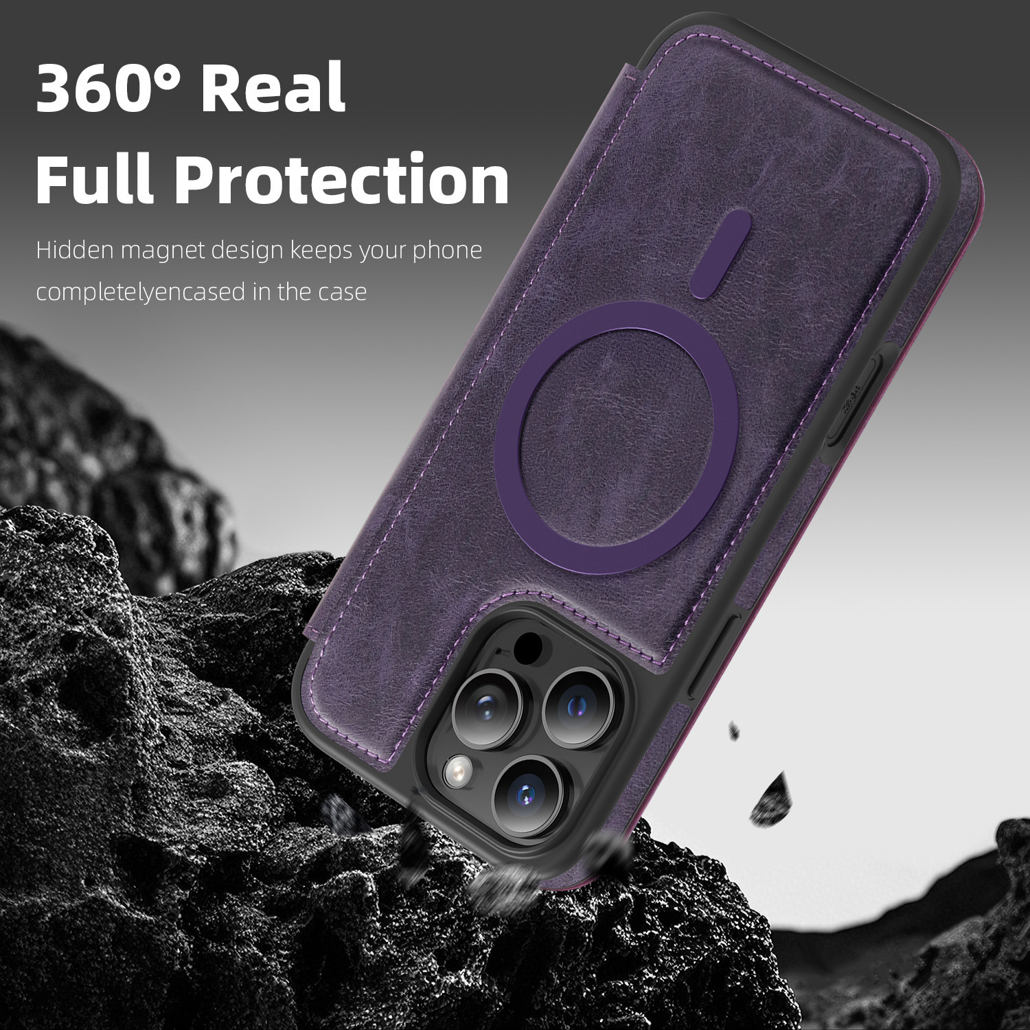 Ốp lưng da từ tính có khe đựng thẻ cho iPhone 16 Pro Max, chống sốc — Màu đen, Màu xanh ngọc, Màu cà phê, Xám vàng titan chi tiết 22