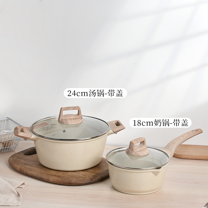 Juego de utensilios de cocina transfronterizo, juego doméstico de cuatro piezas, juego de utensilios de cocina de piedra de mármol, alto valor estético, integrado para cocinar al vapor y saltear, sartén antiadherente al por mayor