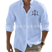 亚马逊2024春季新款跨境欧美男士翻领撞色印花休闲修身型长袖衬衫