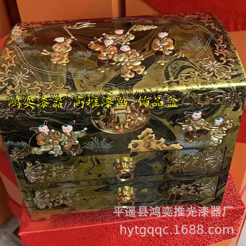 传统漆器饰品盒高堆漆工艺手绘梳妆盒带锁抽屉镜子卸妆盒新娘礼盒-阿里巴巴