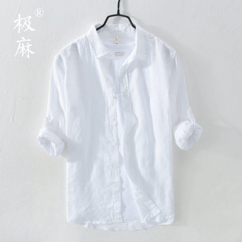 Camisa de lino de manga larga blanca transpirable en la playa Camisa de lino de algodón y lino delgada delgada informal para hombre