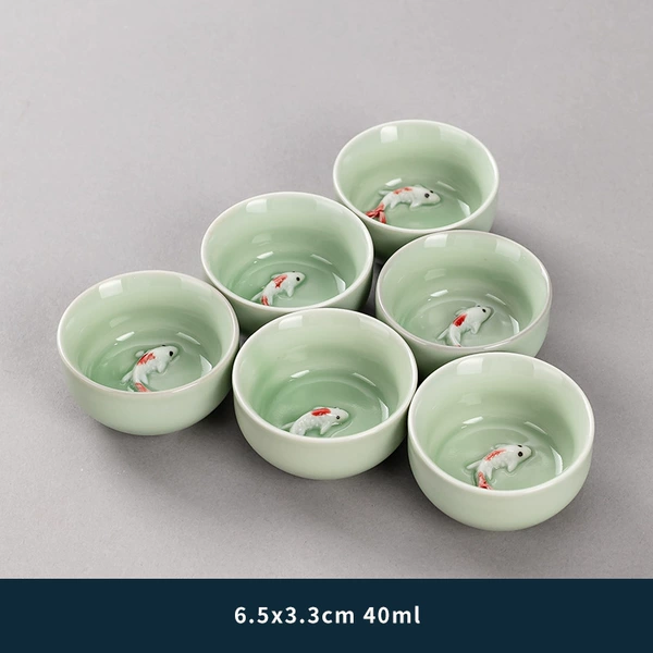 Six installations of celadon fish cups