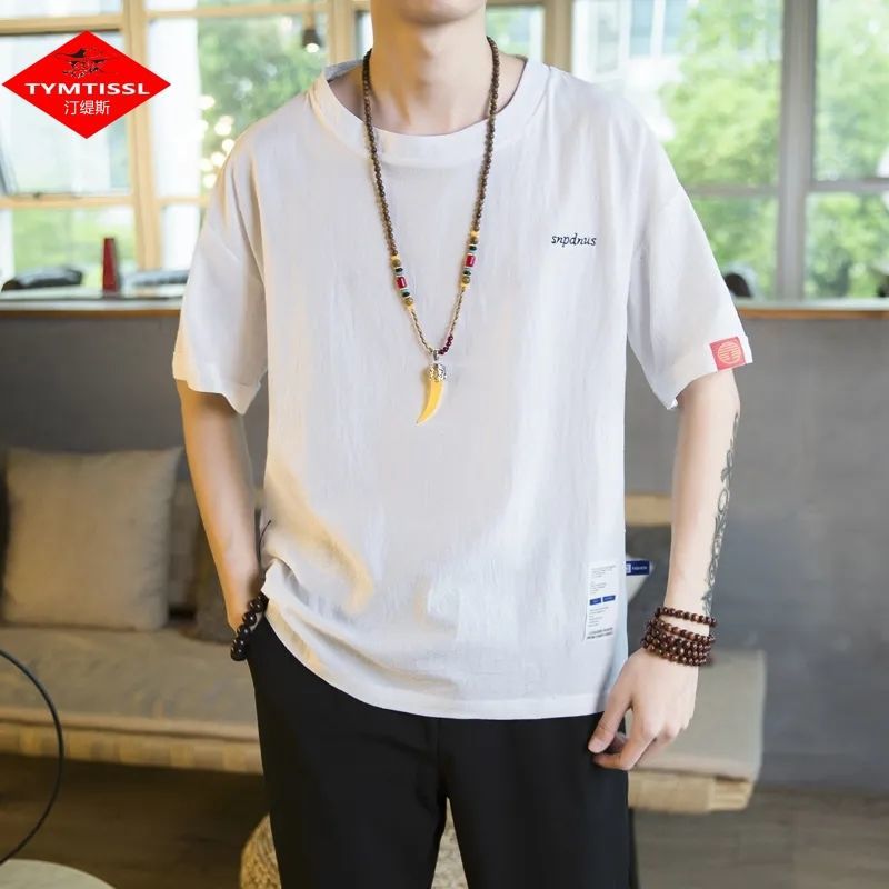 Camiseta de lino de manga corta para hombre Traje Tang de estilo chino Traje de hombre gordo retro de gran tamaño Abrigo de algodón y lino de media manga suelto y delgado