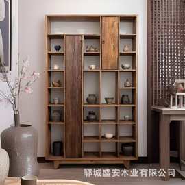 老榆木博古架侘寂风茶杯多宝阁收纳柜实木老木展示架茶室置物展架