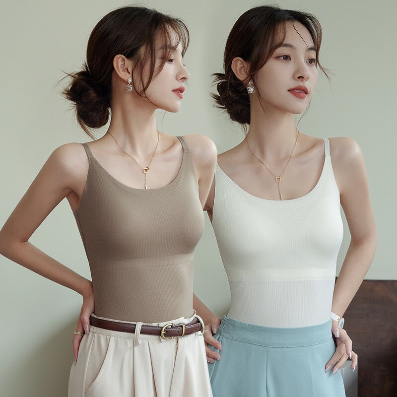 Petty Bourgeoisie Women's Pure Color Camisole with Integrated Fixed Chest Pad Base Layer, Slimming Look and Popular Style for Beautiful Back Women