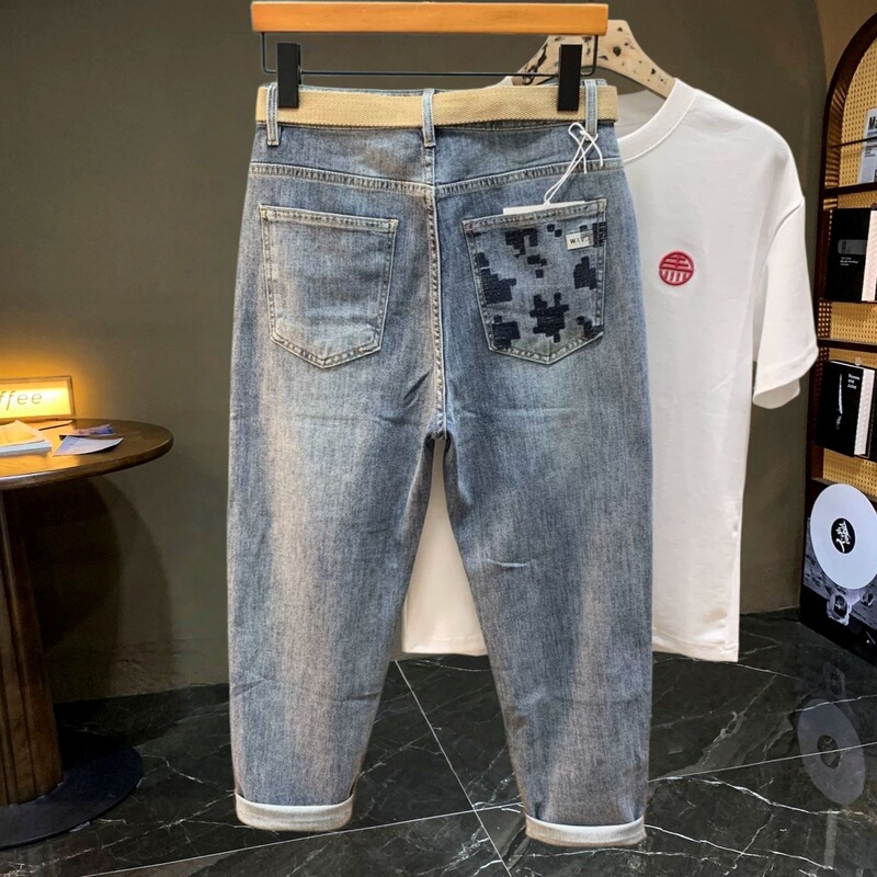 American-Style Embroidered Versatile Jeans for Men, 2026 Spring/Summer New Tapered Slim-Fit Stretch Cropped Pants