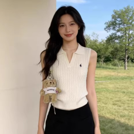 Rl Ralph Lauren Braided Logo Embroidered Polo Collar Vest Knit Sweater Women's T-Shirt with Sleeves Short-Sleeve Knit Top
