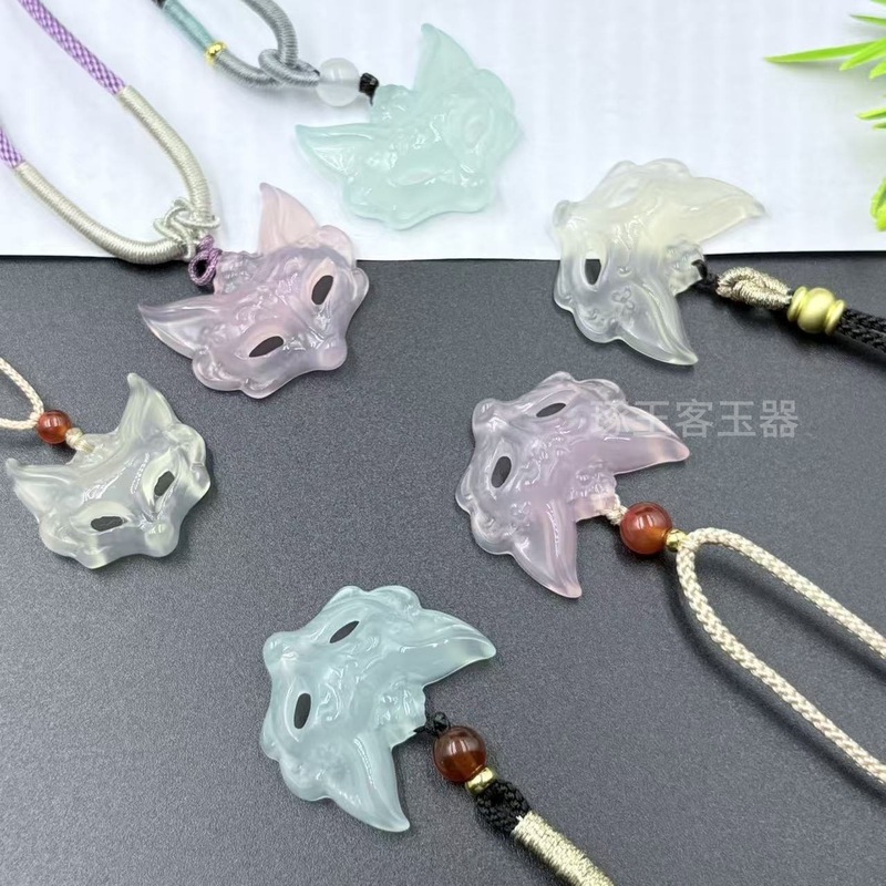 新款天然玛瑙玉髓狐狸面罩项链国风美学狐狸蓝玉髓吊坠玉石饰品|undefined