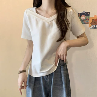 V领短袖t恤女2025夏季新款宽松显瘦纯色学生辣妹露锁骨上衣设计感