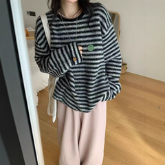 韩版休闲风条纹拼色套头针织衫秋冬新款简约百搭减龄设计感套头衫
