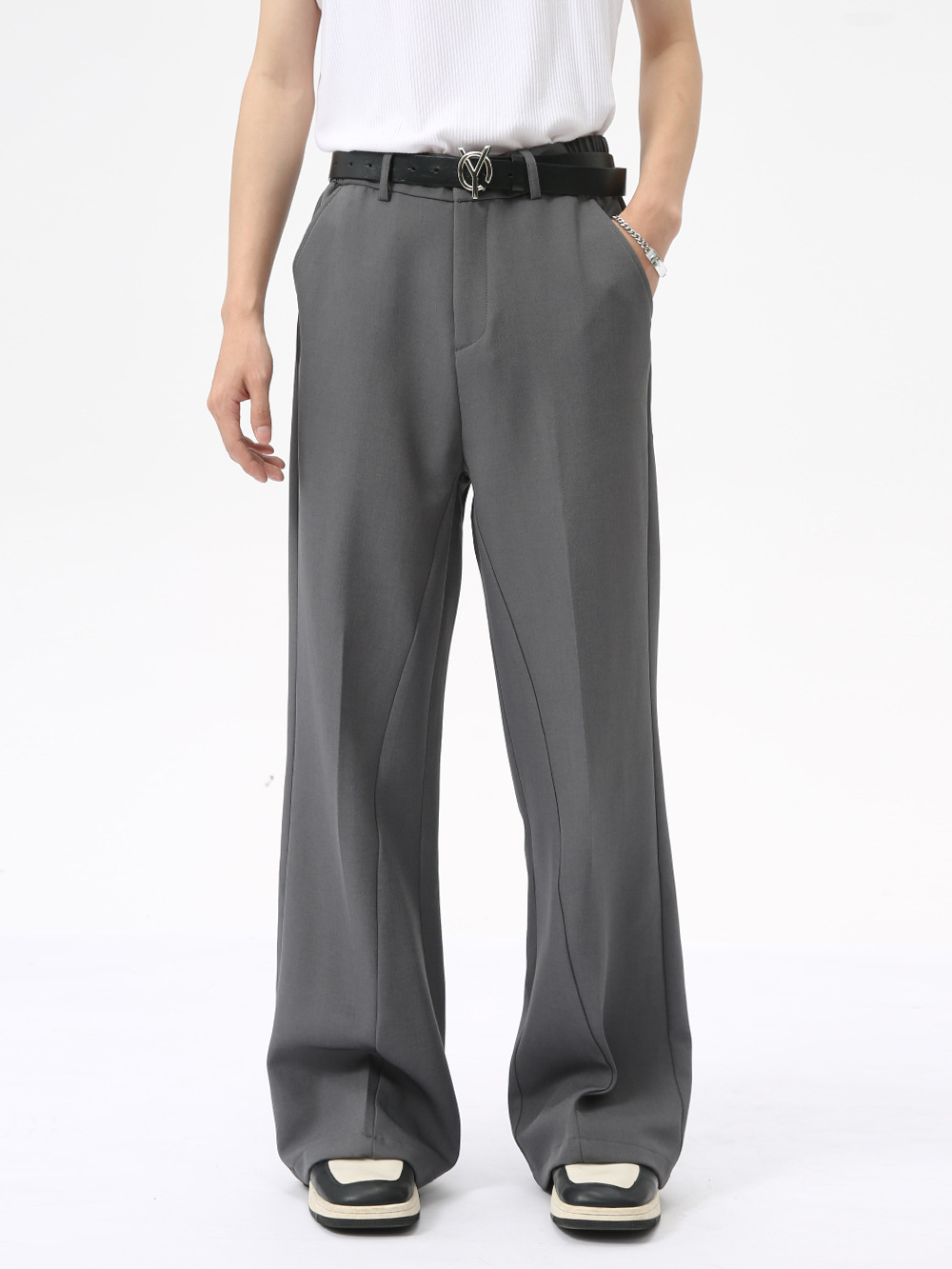 MTLCLOTHES ropa de hombre | Pantalones de traje estilo francés de alta gama, color sólido, casuales, sencillos, acampanados, estilo ligero y maduro, con caída elegante.