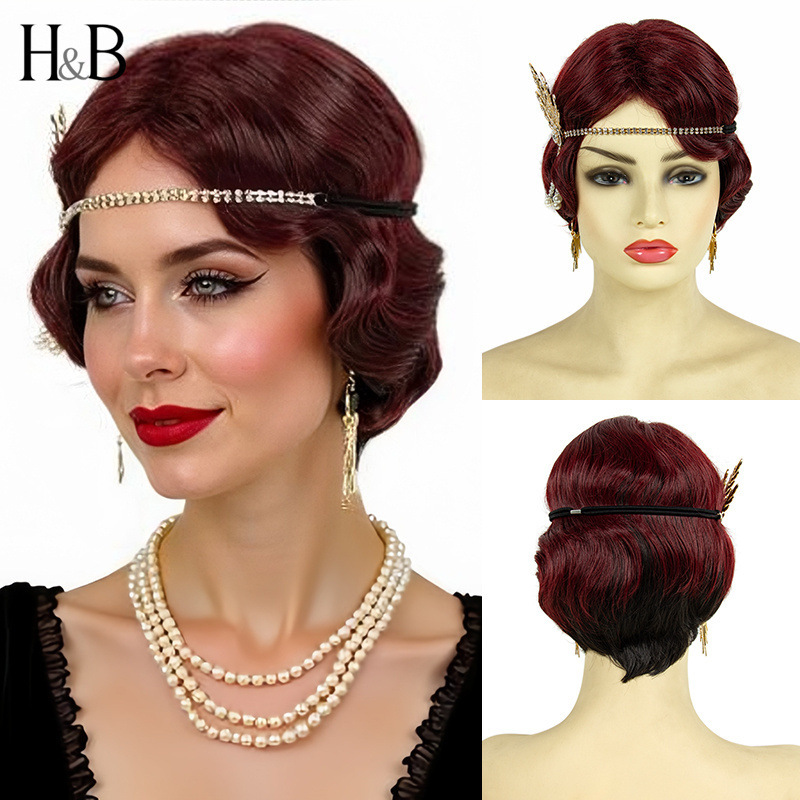 American 1920s Jazz Flapper, the iconic Gatsby, retro-style wine-red wavy short wig