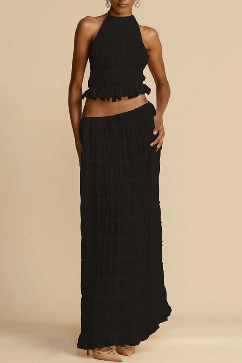 2026 Spring Summer New European And American Fashion Sexy Backless Halter Lace Vest Long Dress Set_ecoleips.com