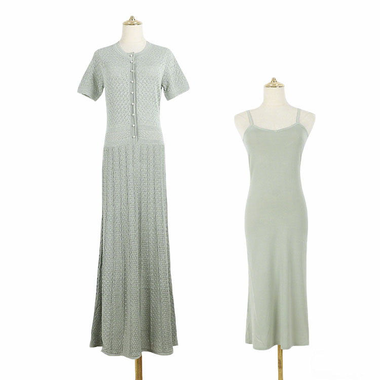 Early Summer Round Neck Lengthen Short-sleeved Knitted dress Single Row Pearl Button Diamond Pattern Large Pleated Skirt
