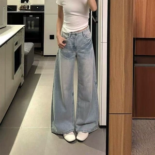 水洗猫须阔腿牛仔裤女2026高腰设计感宽松遮肉直筒显瘦百搭拖地裤