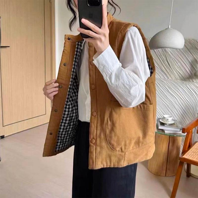 Japanese Retro Style Petite Loose Short Cotton Vest Jacket for Women 2025 Autumn and Winter New Versatile Vest