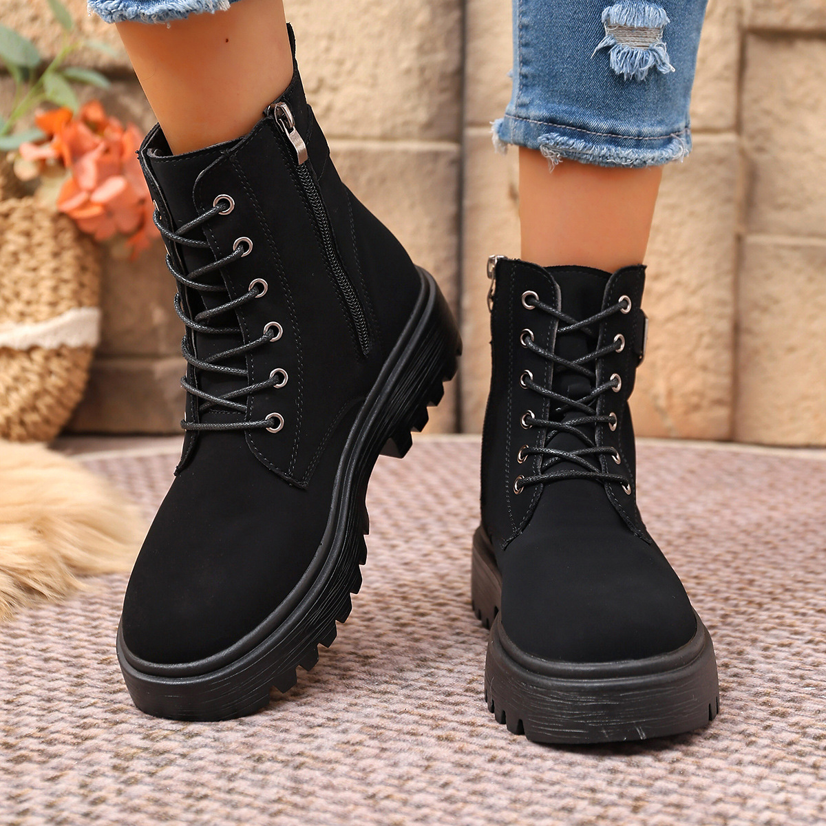Women's Plus Size Round Toe Ankle Boots With Side Zipper Thick Soled Winter Martin Boots Belt Buckle New Style_voghion.com