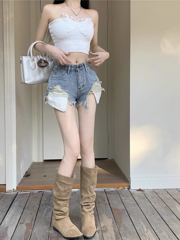 女性用パーソナライズされたリップドデニムショートパンツ、夏用薄手ショートパンツ、デニムホットパンツ、夏のホットガールタイト超ショートパンツ|undefined