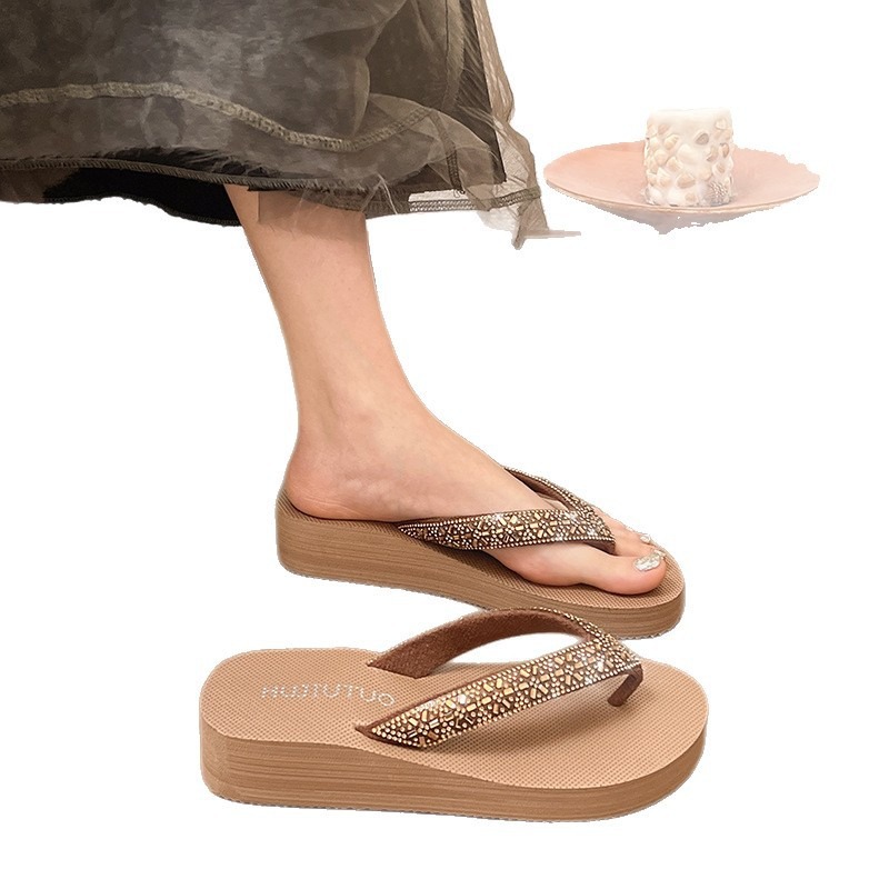 Fashionable Rhinestone Top Quality Women's Summer Thick-Soled Non-Slip Outdoor Beach Flip-Flops_voghion.com