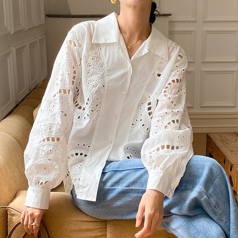 2025 primavera nuevo estilo camisa bordada francesa diseño de manga larga sentido de las mujeres europeas y americanas transfronterizas mujeres estilo señoras camisa blanca